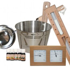 Sauna Zeder Set 9er | Kübel Kelle Hygrometer Thermometer Sanduhr Cedar Duftöl
