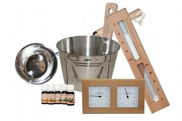Sauna Zeder Set 9er | Kübel Kelle Hygrometer Thermometer Sanduhr Cedar Duftöl