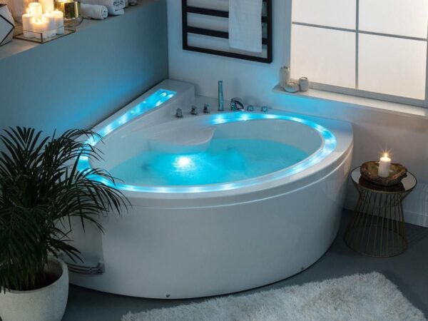 Whirlpool Badewanne Basic mit LED Bachlauf Armaturen 10 Massage Düsen Luxus Eckwanne