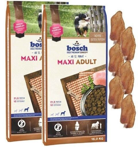 2x15kg Bosch Adult Maxi + 6 x Kaninchenohren