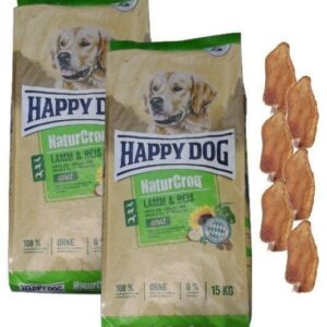 2x15kg Happy Dog Naturcroq Adult Lamm&Reis Hundefutter + 6 x Kaninchenohren