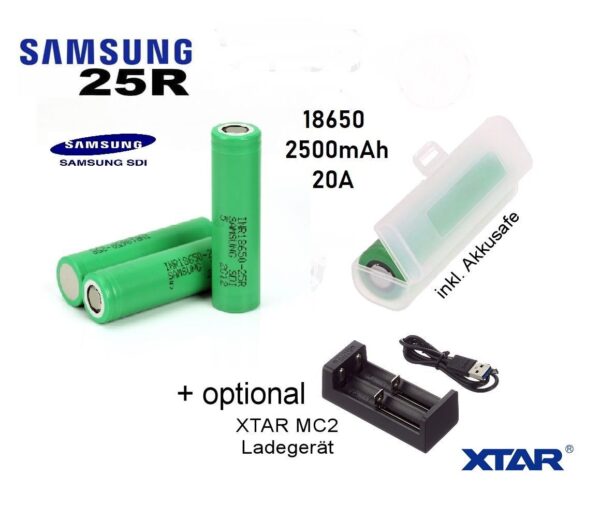 Samsung 25R INR Akku Batterie 2500mAh 20A opt. XTAR Ladegerät