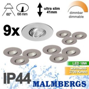 9er Set LED Spots dimmbar schwenkbar IP44 MD-350 Alu